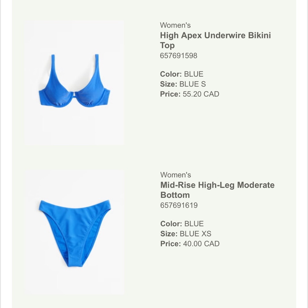 Abercrombie High Apex Underwire Bikini Top and Matching Bikini Bottom Blue